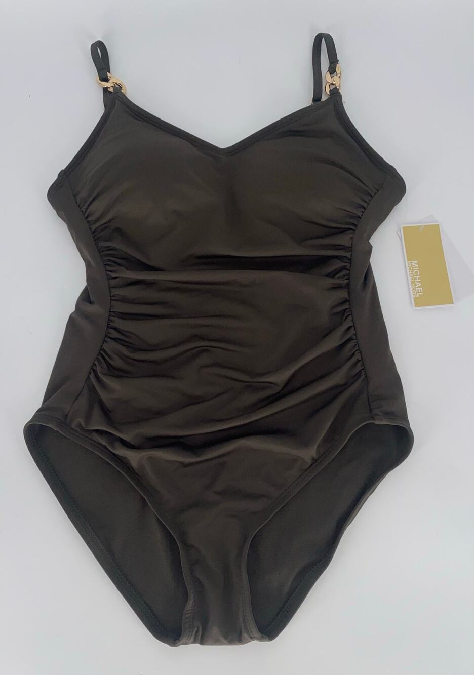 NWT! Michael Kors Michael Ivy Green Solid Shirred One Piece Swimsuit Size 10